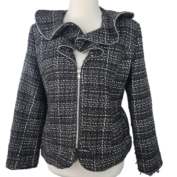 Trenz Theresa Renz Jacket Tweed Black White Ruffle Collar Zipper XL Plaid Career - Picture 1 of 8